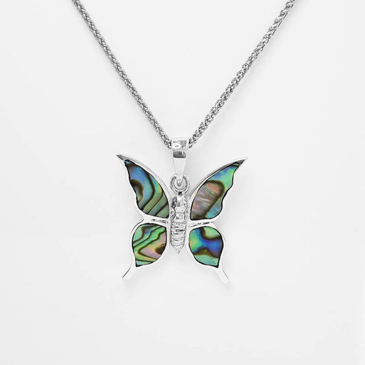 Silver Butterfly Pendant with Powershell Inlay on a silver chain