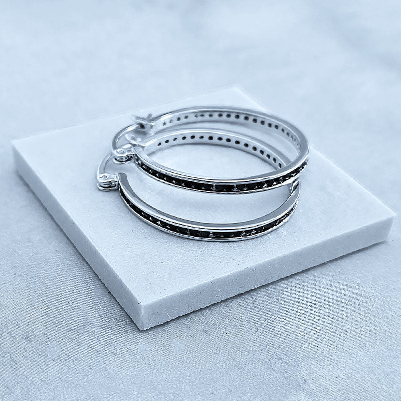 Sterling Silver Hoops with Black Cubic Zirconia Stones