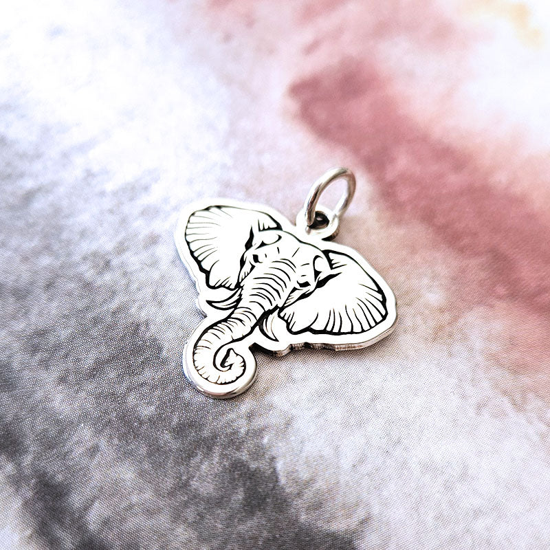 Silver elephant pendant on a soft, multicolored background