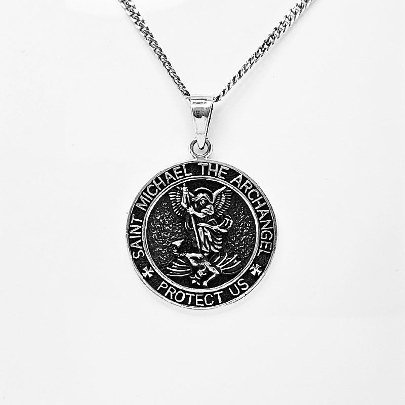 24" Stainless Steel Round Box Chain Necklace With Saint Michael Pendant – 46g