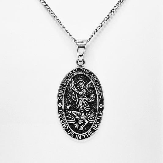 Sterling Silver Saint Michael Pendant for Men on a silver chain