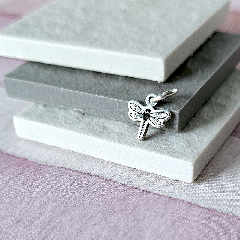 Silver dragonfly charm on a gray stone surface