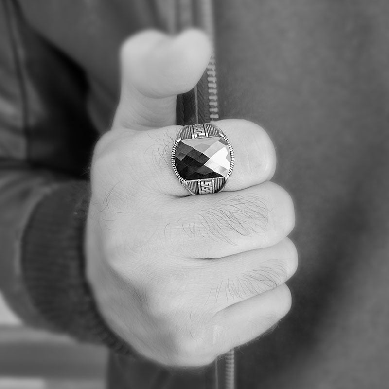 Rectangle Onyx Ring with Meander Pattern