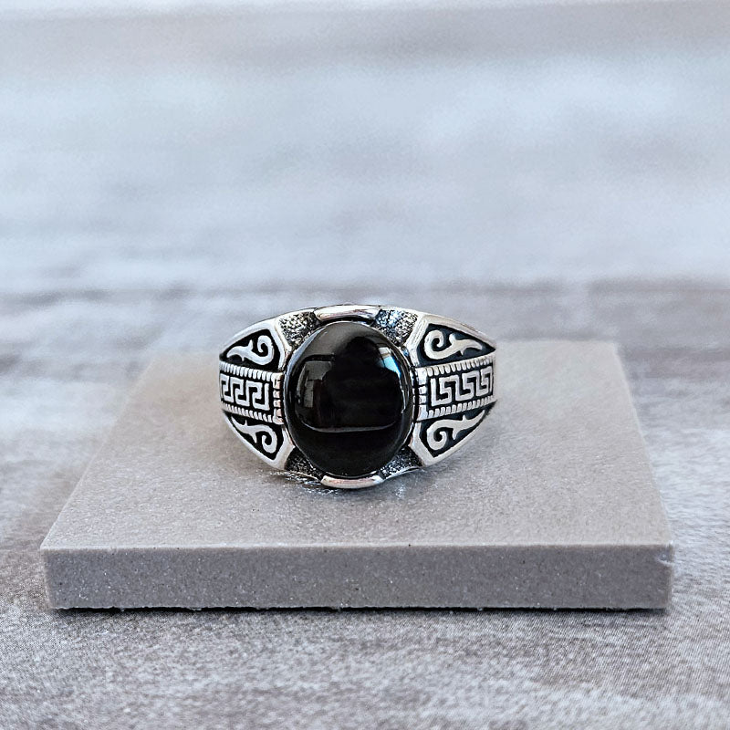 Silver onyx ring for men with detailed Meander pattern