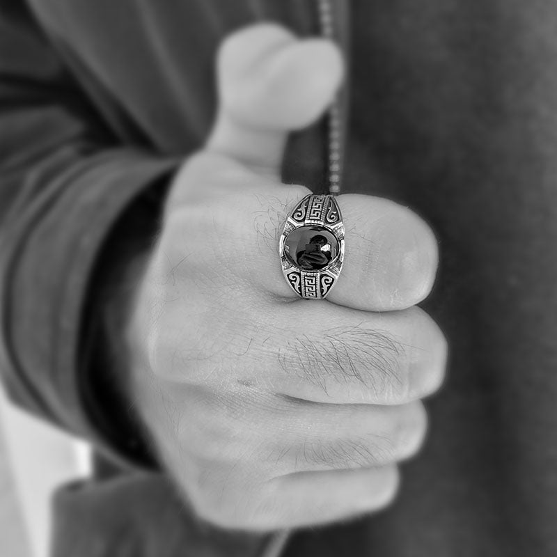 Silver onyx ring for men with detailed Meander pattern