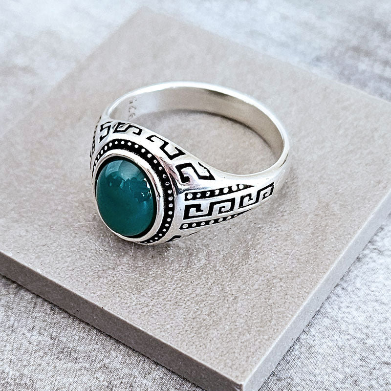 Sterling silver ring for men with a green onyx stone
