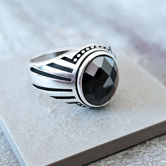 Faceted Onyx Stone Ring, made with Sterling Silver 