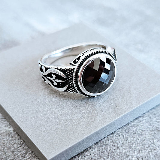 Faceted round onyx stone ring for men made with sterling silver