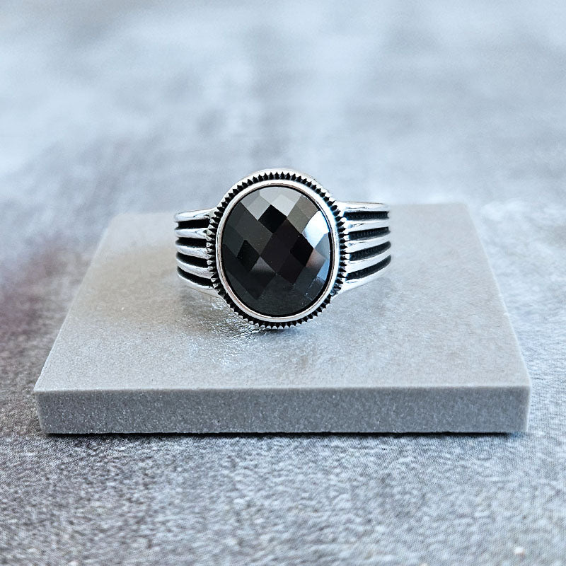 Faceted Oval Onyx Ring for men made with sterling silver