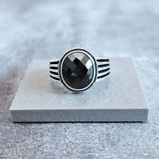 Faceted Oval Onyx Ring for men made with sterling silver