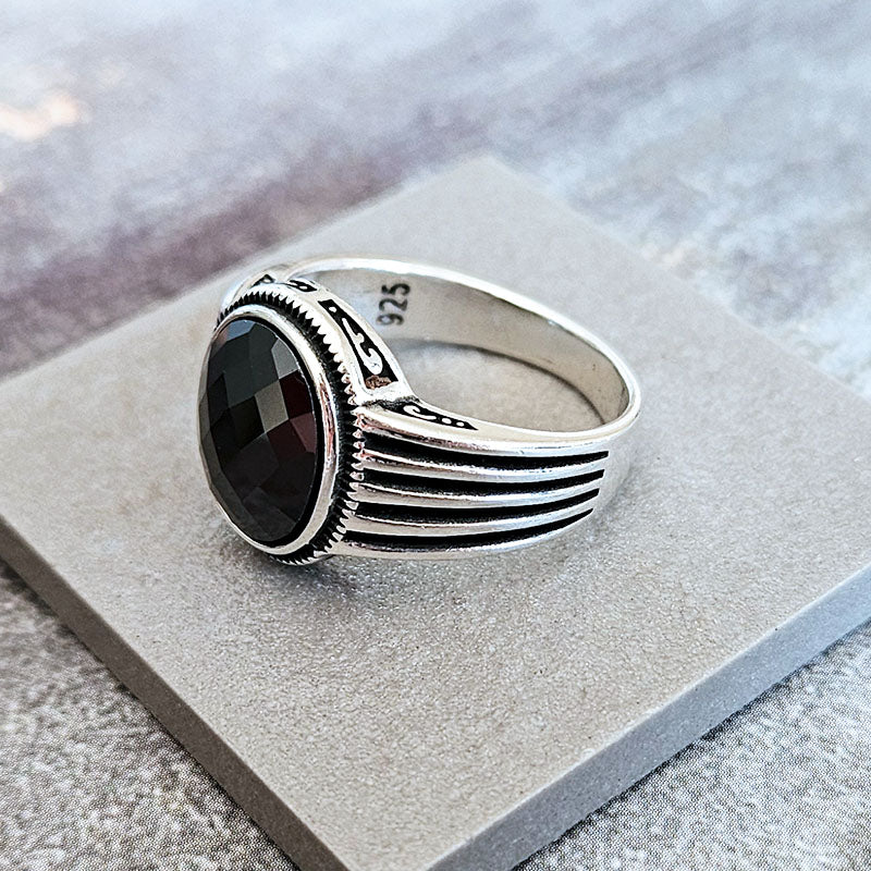 Faceted Oval Onyx Ring for men made with sterling silver