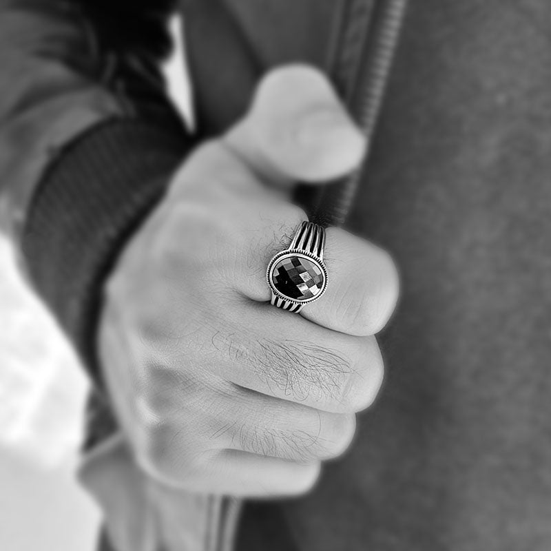Faceted Oval Onyx Ring for men made with sterling silver