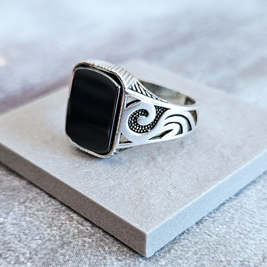 Men's Ring with Flat Rectangle Onyx Stone