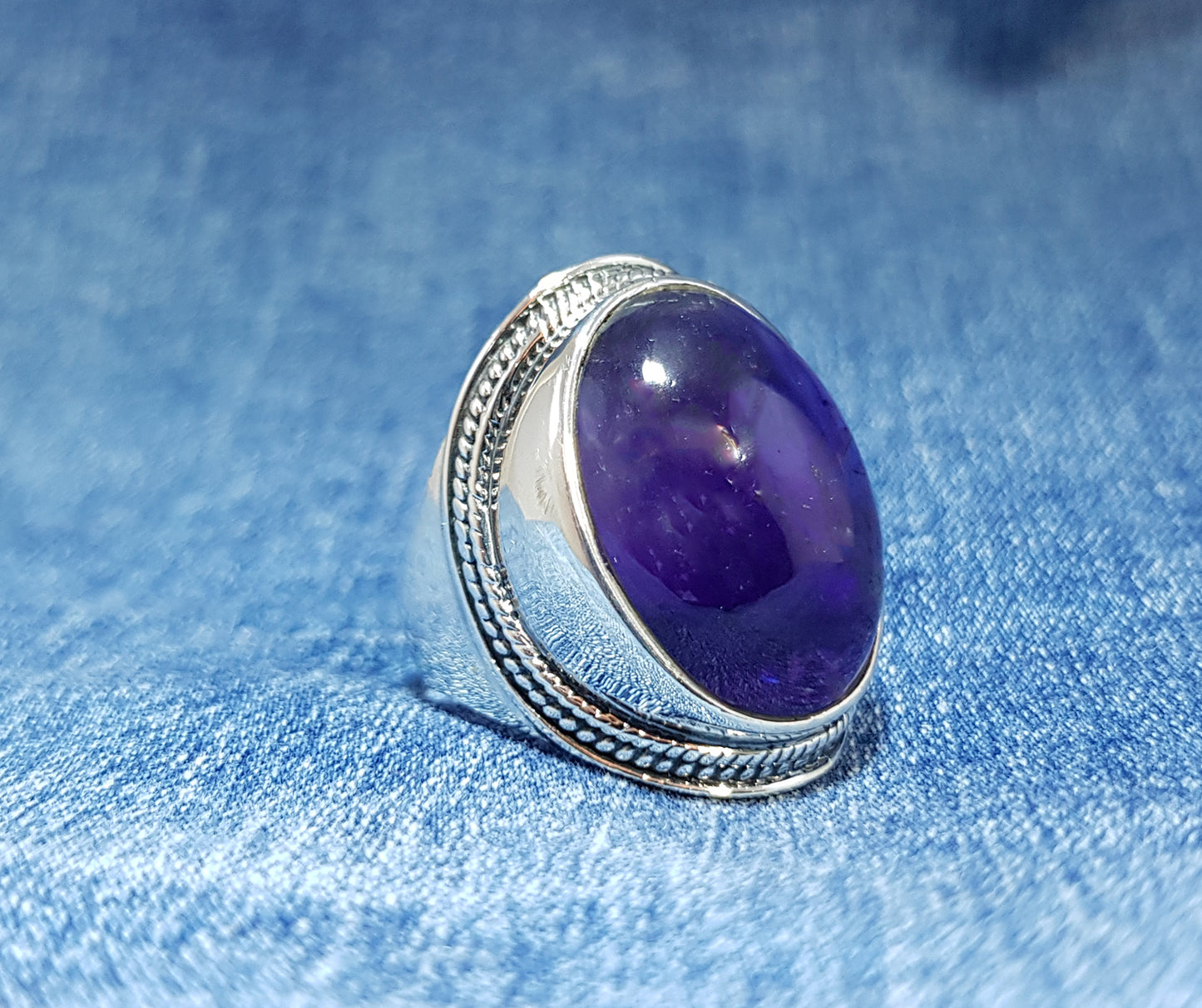 Sterling Silver Ring with Large Amethyst Stone 