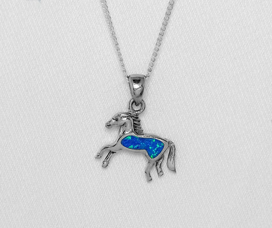 Sterling Silver Horse Pendant with Blue Crushed Opal Inlay