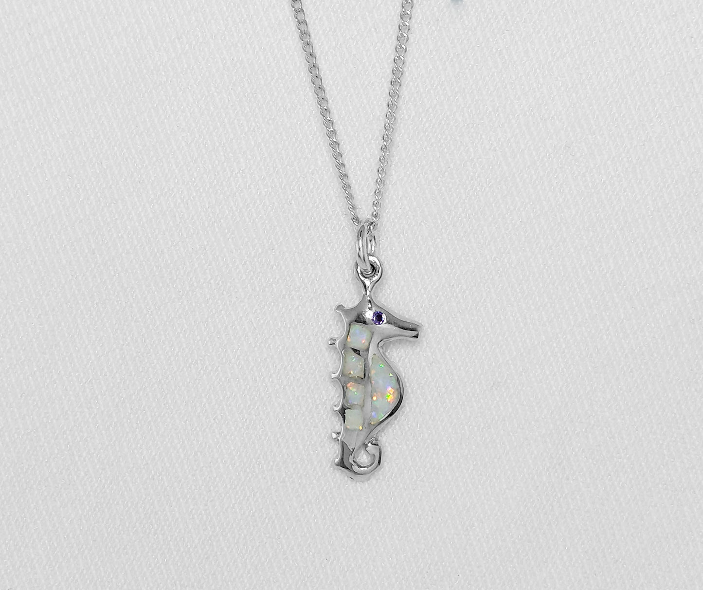 Sterling Silver Seahorse Pendant with White Opal Inlay