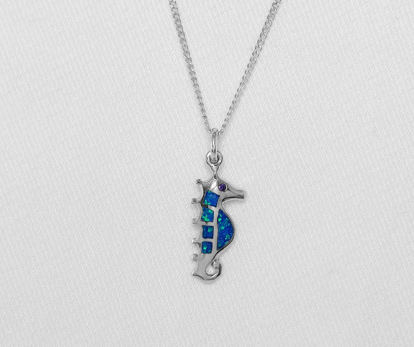 Sterling Silver Seahorse Pendant with Blue Opal Inlay