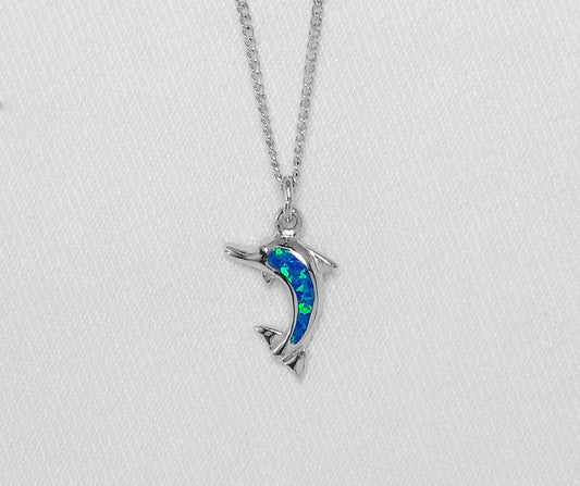 Sterling Silver Dolphin Pendant with Crushed Opal Inlay