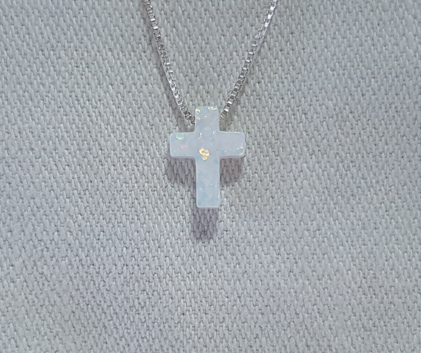 White Crushed Opal Cross Necklace - Sterling Silver