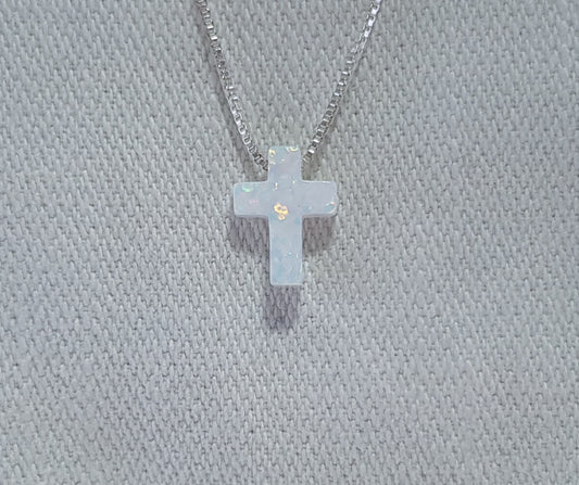 White Crushed Opal Cross Necklace - Sterling Silver