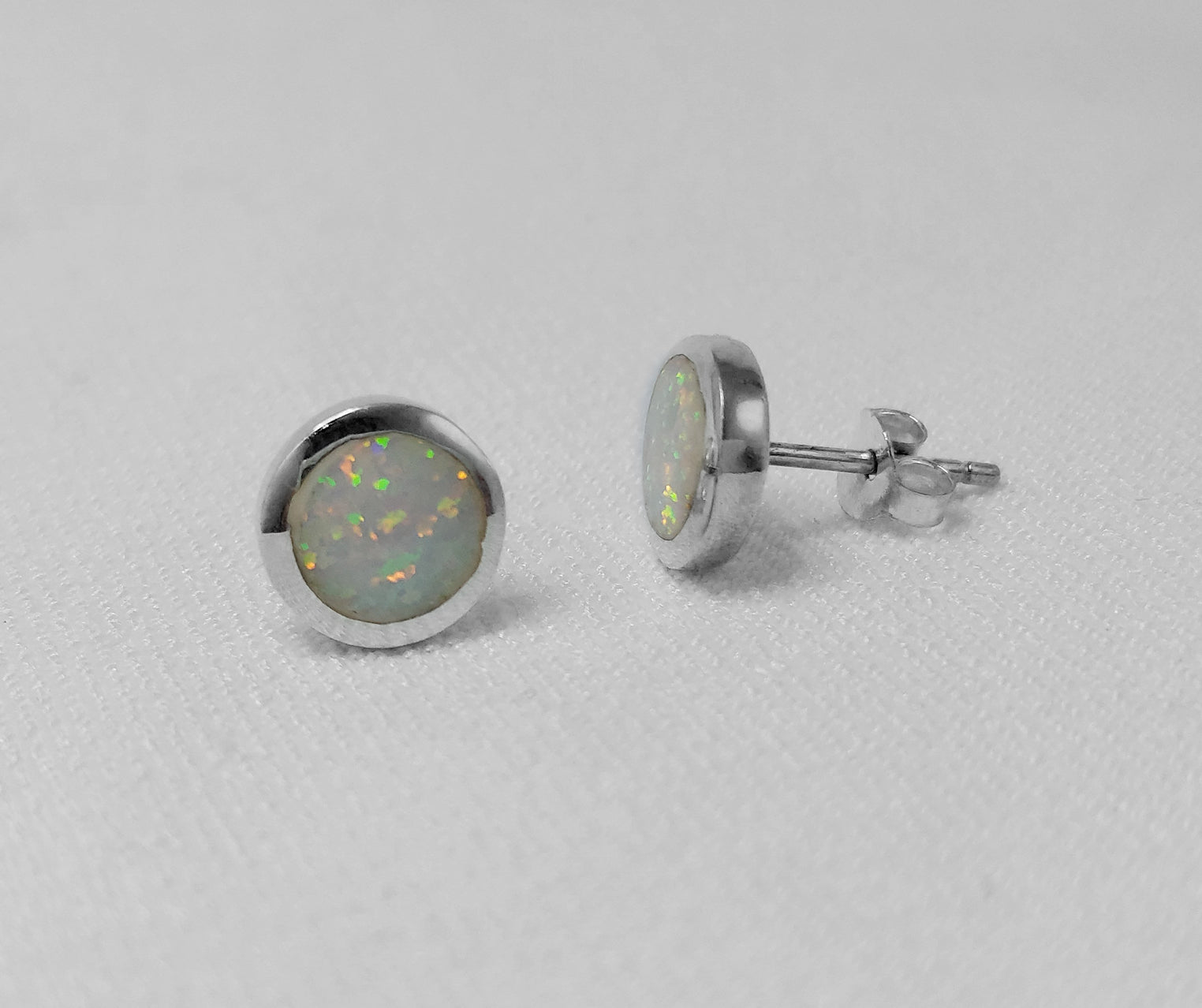 White Crushed Opal  Round Studs - Sterling Silver 