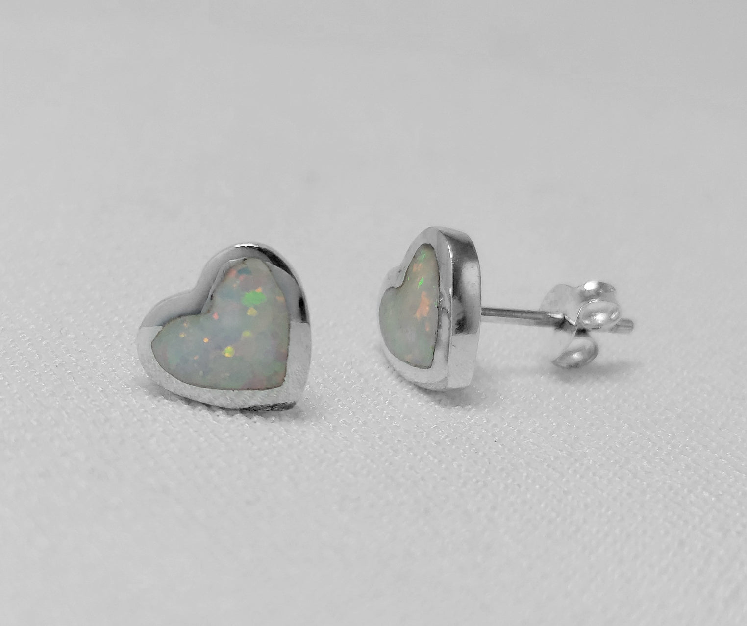 White Crushed Opal Heart Studs - Sterling Silver 
