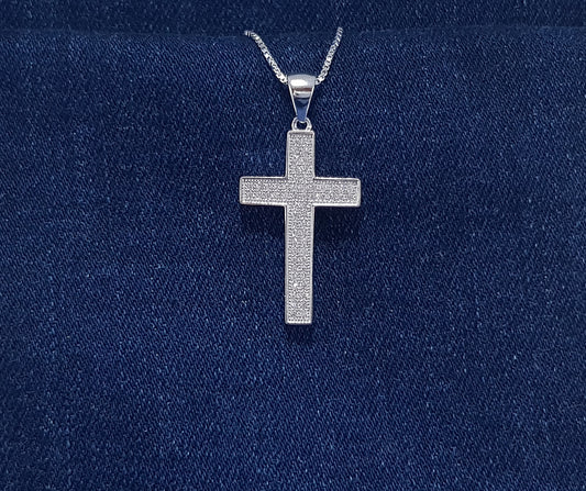 Sterling silver cross with cubic zirconia stones - Large flat design