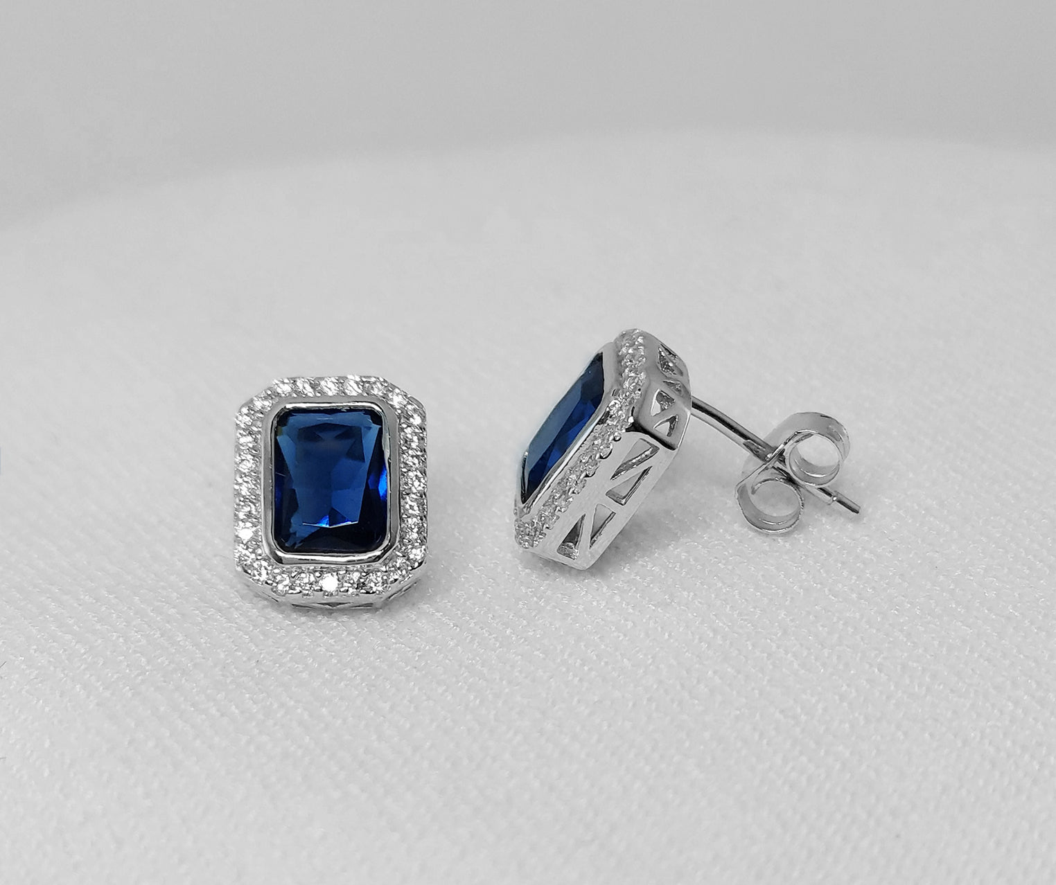Sterling Silver Rectangular Earrings with a Blue Cubic Zirconia Stone