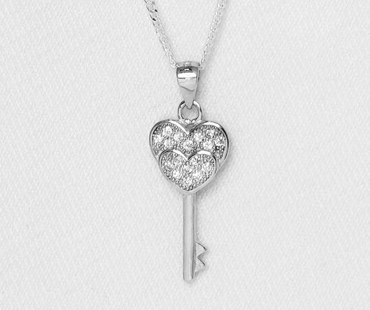 Sterling Silver Heart Key Pendant With Cubic Zirconia Stones