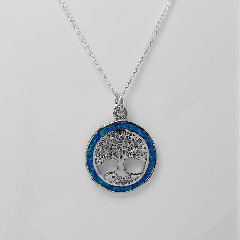 Sterling Silver Tree of Life Pendant With Blue Opal