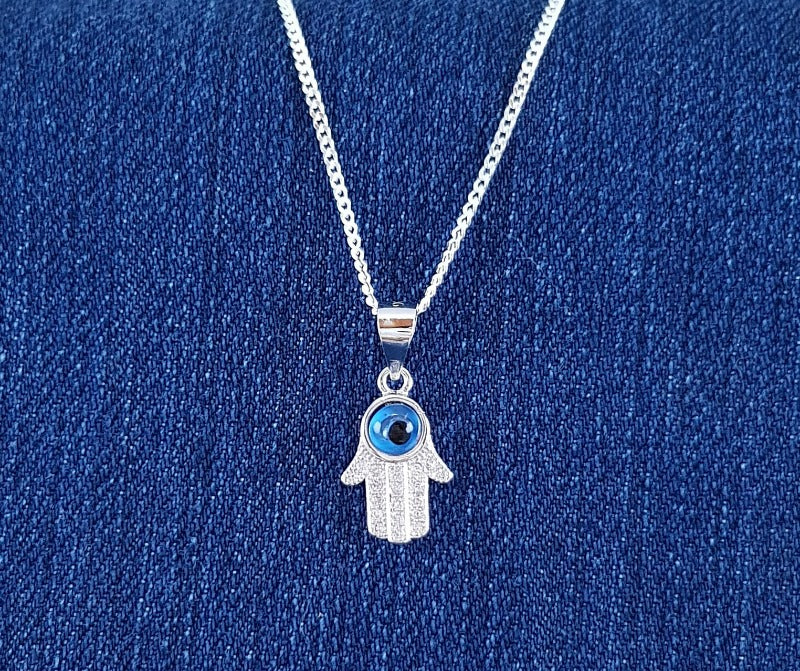 Sterling Silver Hamsa Hand Pendant with Cubic Zirconia Stones