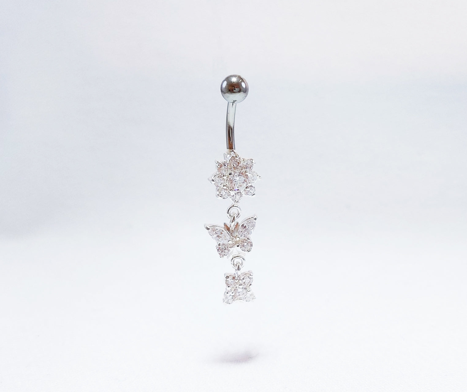Sterling Silver Belly Ring with Cubic Zirconia Stones. Butterfly Design
