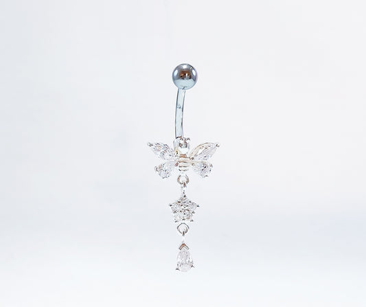 Sterling Silver Belly Ring with Cubic Zirconia Stones. Dragonfly design