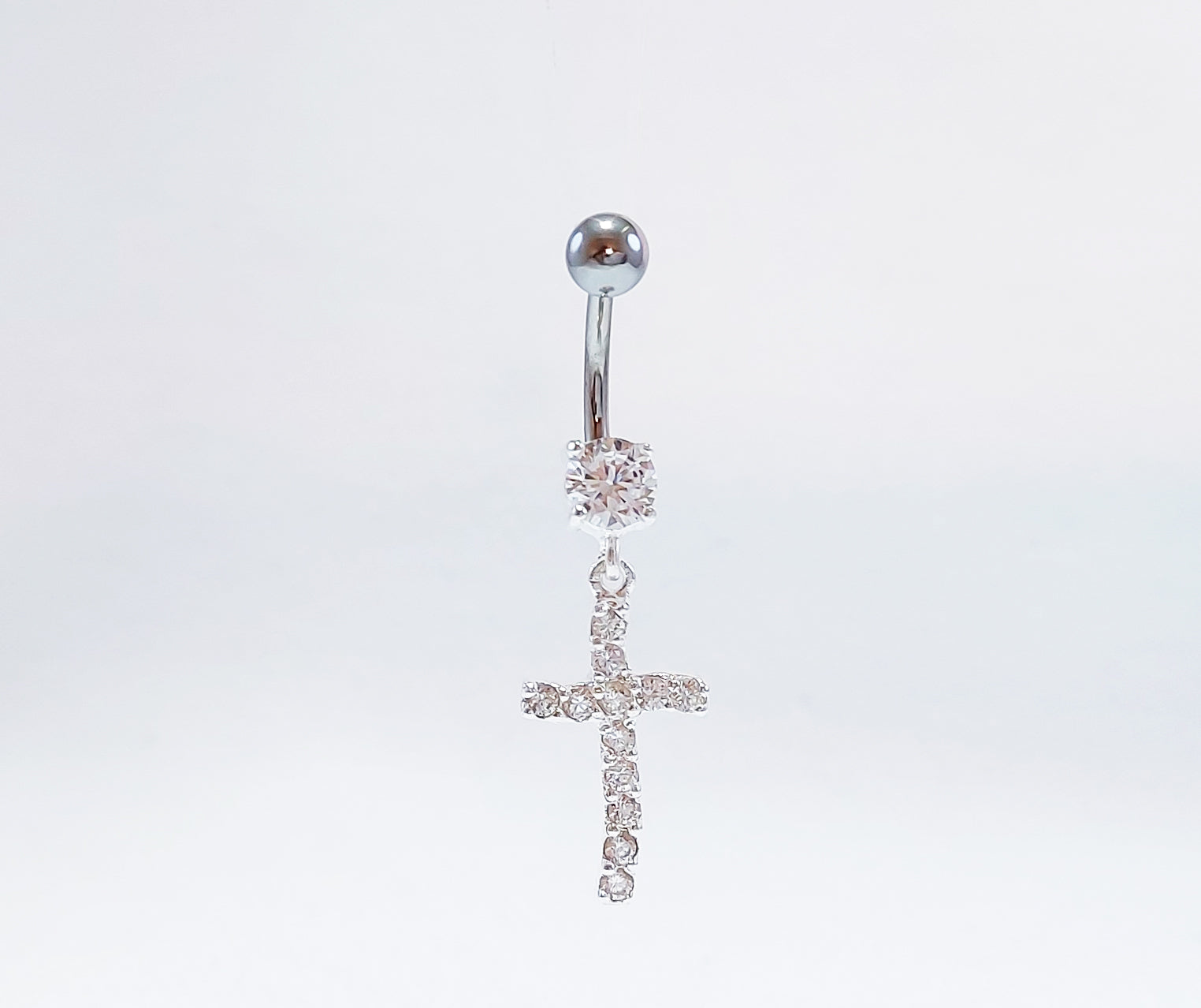 Sterling Silver Belly Ring with Cubic Zirconia Stones.  Cross Design