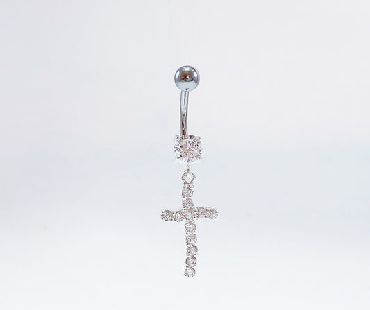 Sterling Silver Belly Ring with Cubic Zirconia Stones.  Cross Design