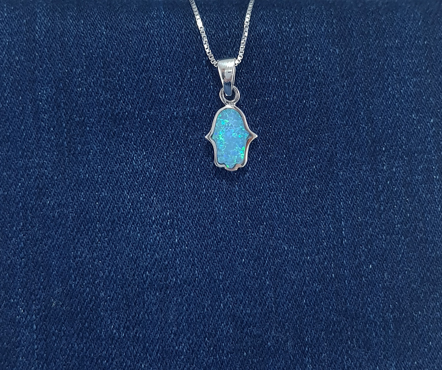 Sterling Silver Hamsa Hand Pendant with crushed opal inlay