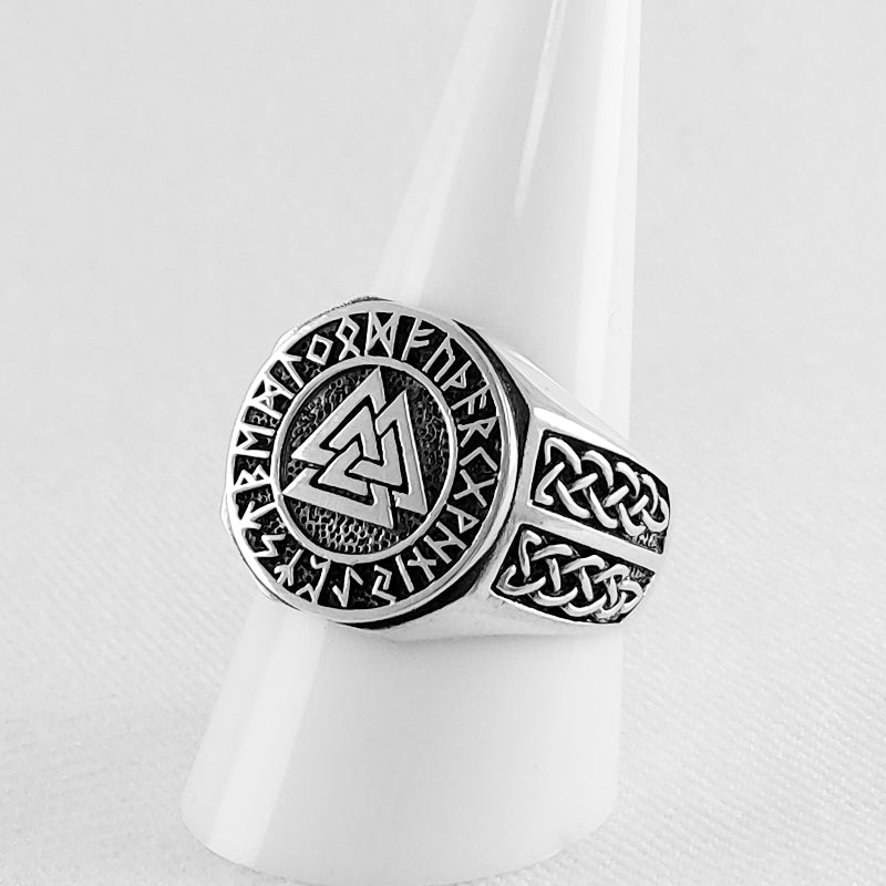 Sterling Silver Viking Valknut and Runes Ring