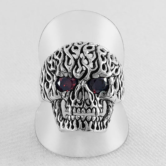 Sterling Silver Skull Ring with Red Cubic Zirconia Eyes