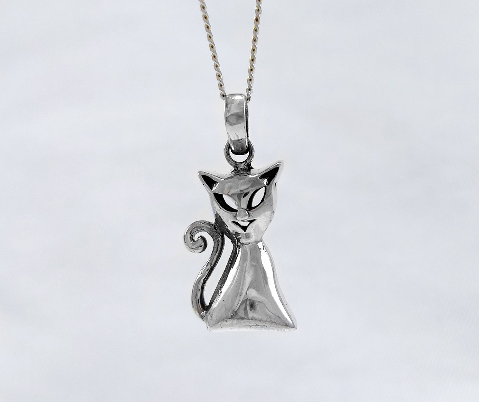 Sterling Silver Cat Pendant with curb chain
