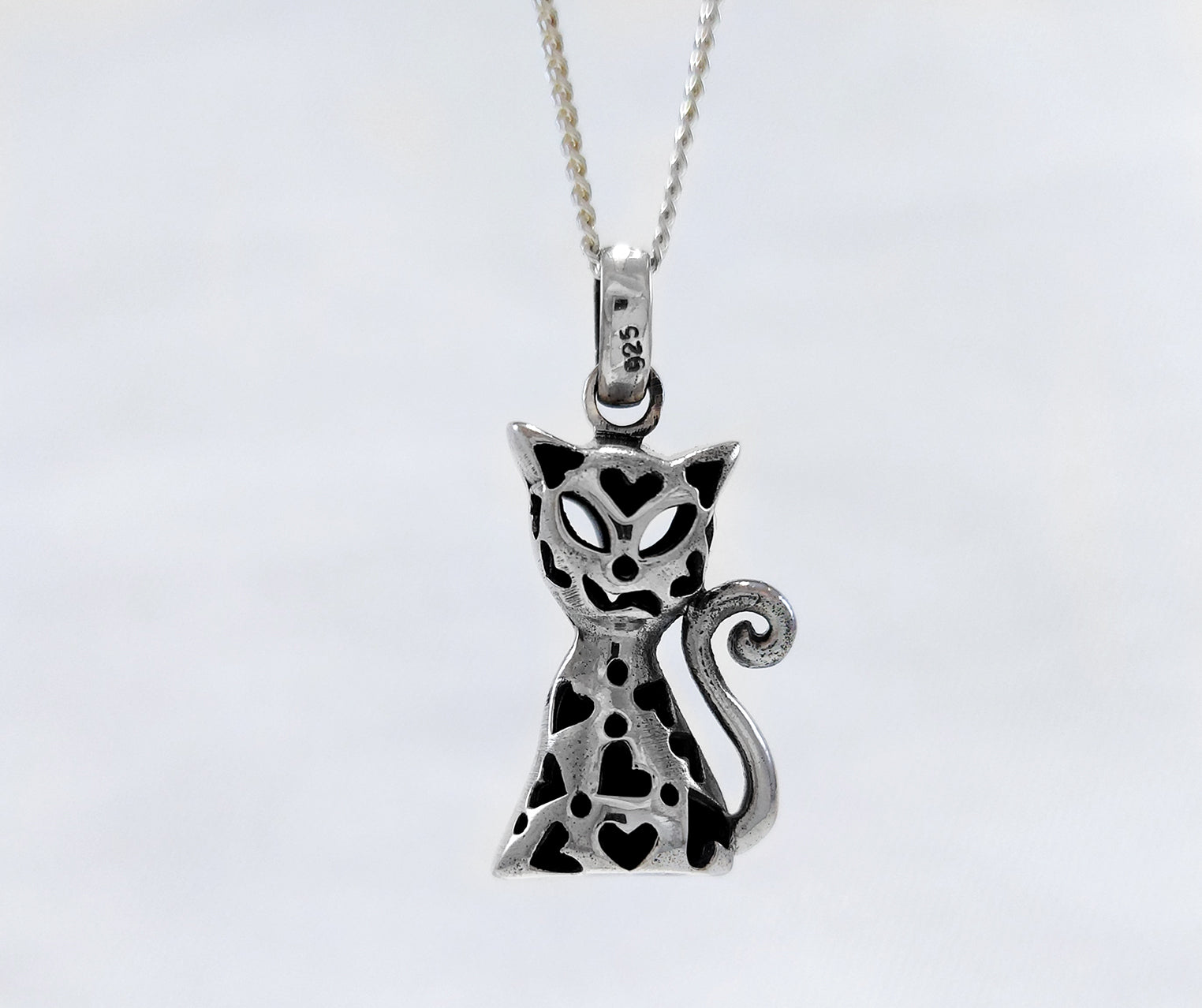Sterling Silver Cat Pendant with curb chain