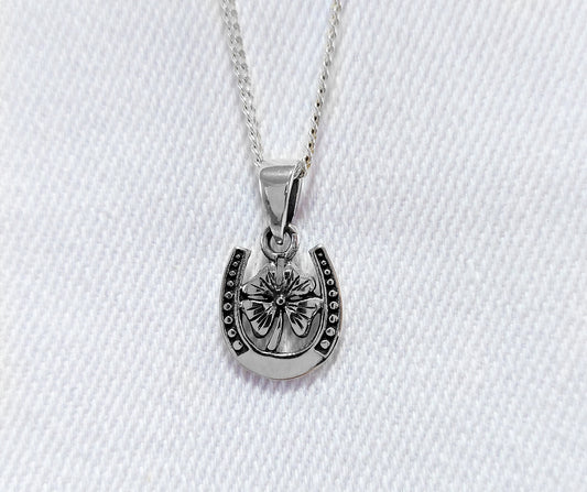 Sterling Silver Horse shoe and four leaf clover pendant