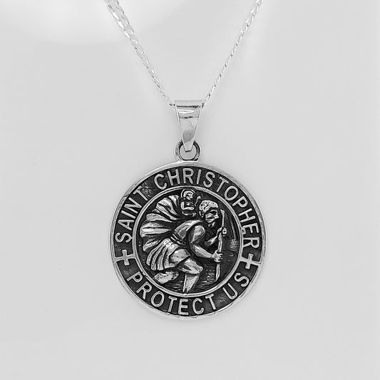 Large Oxidised St Christopher Sterling Silver Pendant