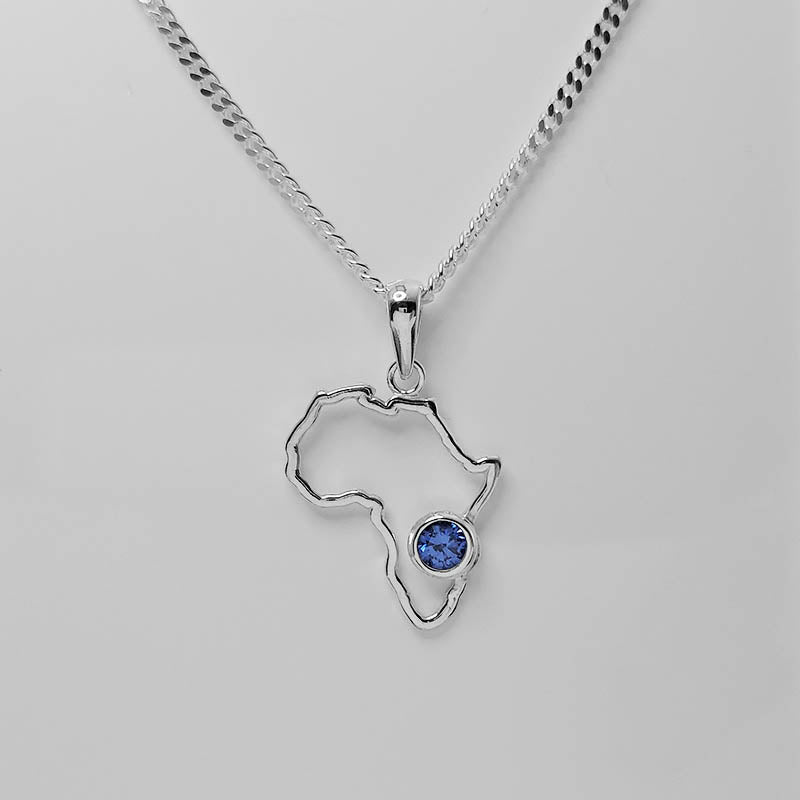 Sterling Silver Africa Outline Pendant With A Blue Cubic