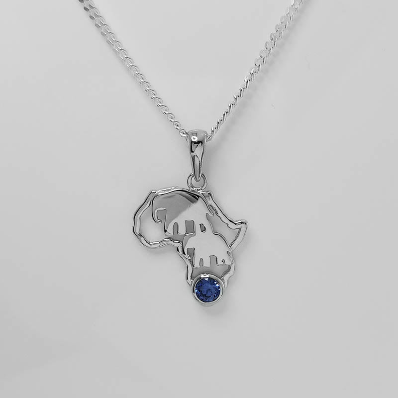 Sterling Silver Africa Pendant with elephant desing and a blue cubic.