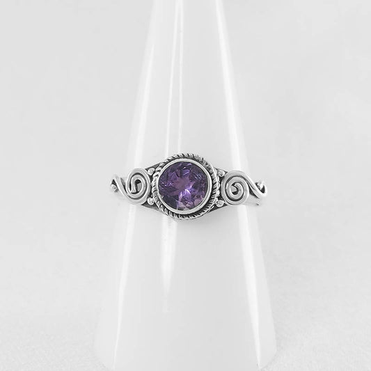 Round Amethyst Stone Ring - Made with Sterling Silver 