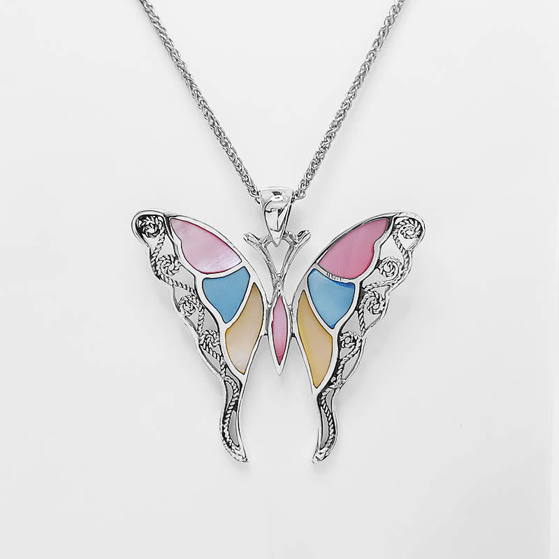 Sterling Silver butterfly pendant with multi-coloured Mother of Pearl