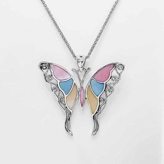 Sterling Silver butterfly pendant with multi-coloured Mother of Pearl