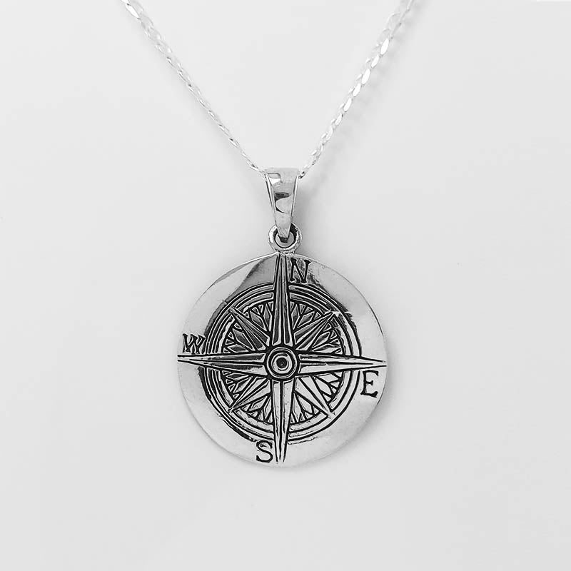 Large Silver Compass Pendant with a silver chain