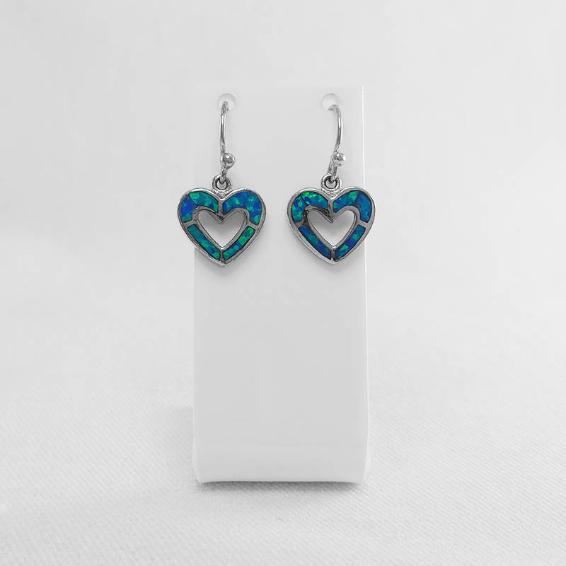 sterling silver heart outline earrings with blue crushed opal inlay
