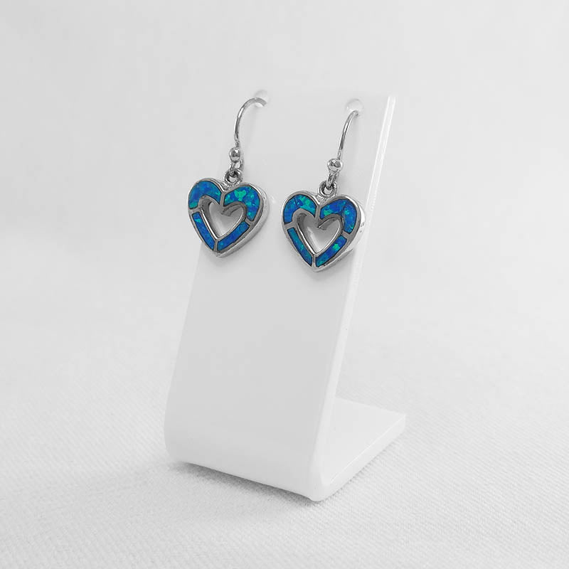 sterling silver heart outline earrings with blue crushed opal inlay